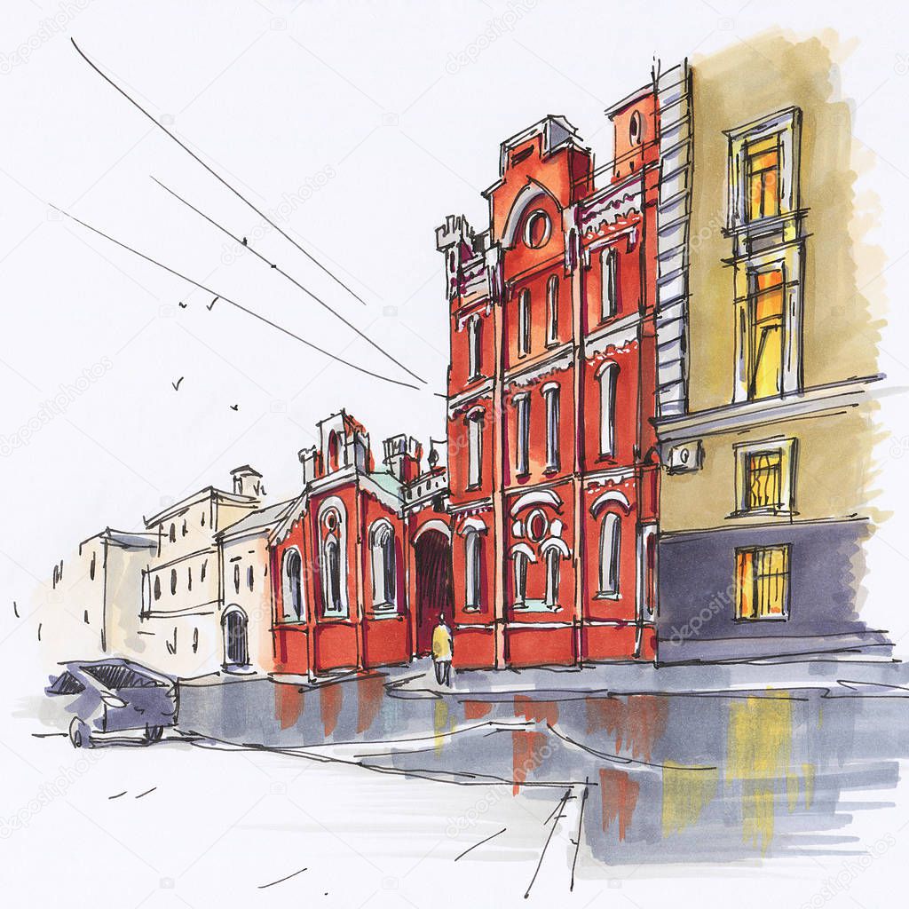 Urban sketch.  Street in the city centre. Drawing markers. Hand-drawn illustration. 