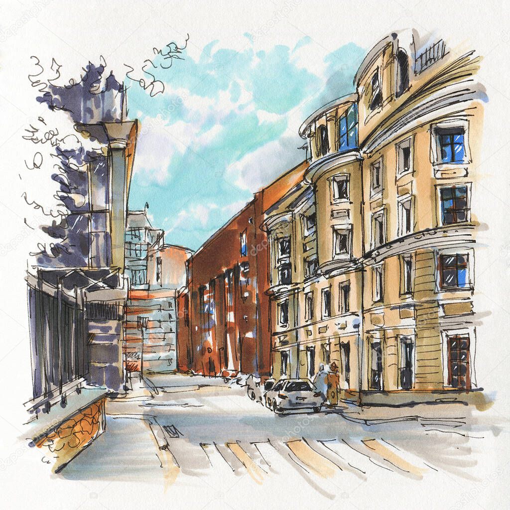 Urban sketch.  Street in the city centre. Drawing markers. Hand-drawn illustration. 