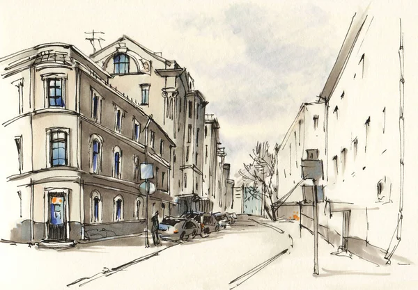 Városi Vázlat Utca Belvárosban Rajzolójelek Kézzel Rajzolt Illusztráció — Stock Fotó