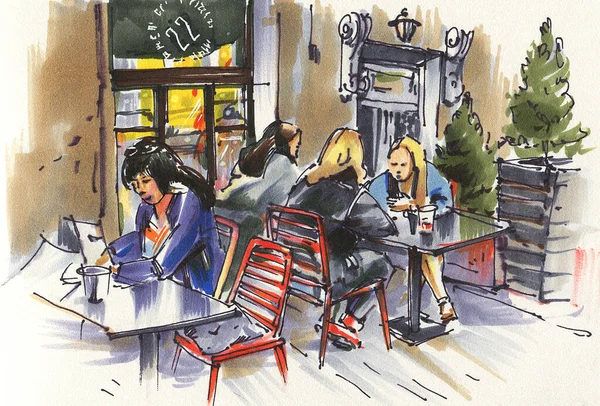 Urban Sketch Street Cafe Background Drawing Alcohol Markers — Stock Photo, Image