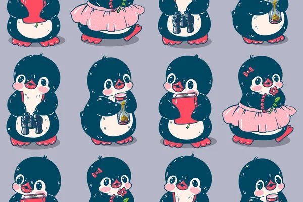 Patrón Sin Costuras Con Pingüinos Lindos Ilustración Hecha Mano Vector — Vector de stock