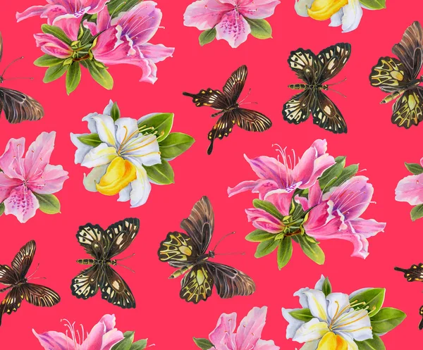 Seamless pattern with butterflies and flowers. Drawing with alcohol markers.