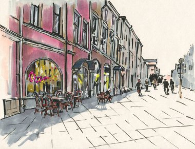 Şehir eskizi. Şehir merkezinde bir cadde. Çizim işaretleri. El çizimi illüstrasyon. 