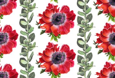 Çiçeklerle kusursuz desen. Kırmızı şakayık. Kalemlerle çiziyorum. El çizimi illüstrasyon. 