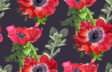 Çiçeklerle kusursuz desen. Kırmızı şakayık. Kalemlerle çiziyorum. El çizimi illüstrasyon. 