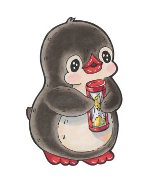 Kış illüstrasyonu. Beyaz arka planda izole edilmiş kum saati olan komik bir penguen çizgi filmi. İşaretleyicilerle çizim .