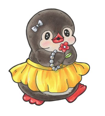 Kış illüstrasyonu. Beyaz arka planda izole edilmiş sarı etekli komik penguen çizgi filmi. İşaretleyicilerle çizim .