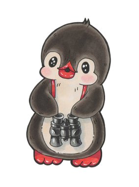 Kış illüstrasyonu. Dürbünlü komik bir penguen, beyaz arka planda izole edilmiş. İşaretleyicilerle çizim .