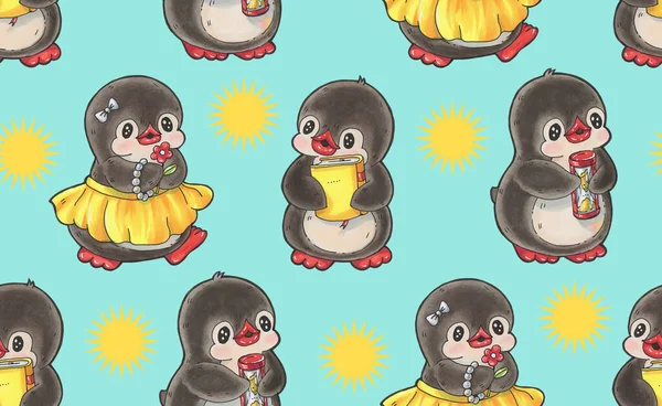 Бесшовный Узор Милыми Пингвинами Ручной Рисунок Маркерами — стоковое фото