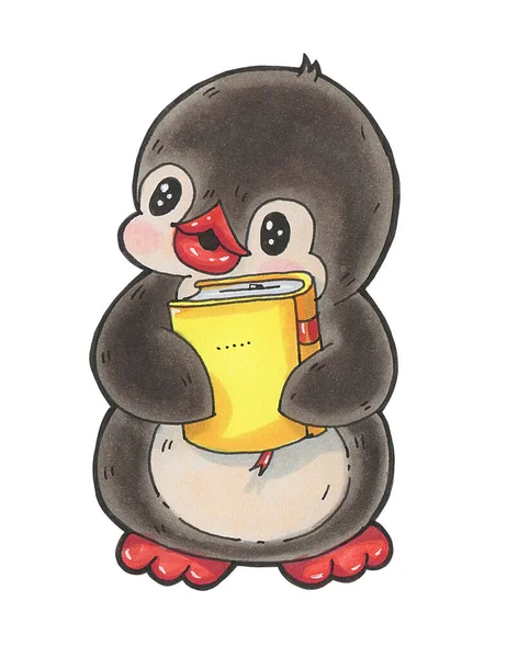 冬のイラスト 白い背景に隔離された本を持つ面白い漫画ペンギン マーカーで描く — ストック写真