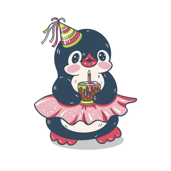 Ilustração Inverno Pinguim Desenho Animado Engraçado Aniversário Vetor — Vetor de Stock