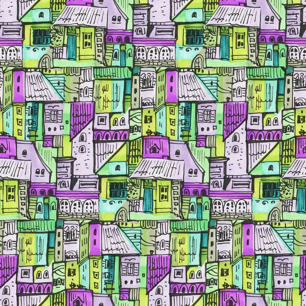 Patrón Sin Costuras Con Una Ciudad Estilizada Dibujo Con Marcadores —  Fotos de Stock