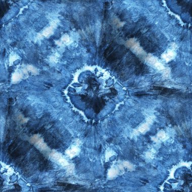 Beyaz ipeğin üzerindeki çivit rengi kusursuz kravat boyası deseni. El boyası kumaşlar - nodüler batik. Shibori boyaması.. 