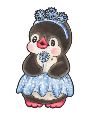 Kış illüstrasyonu. Kar tanesi kostümlü komik penguen çizgi filmi. İşaretlerle el çizimi.