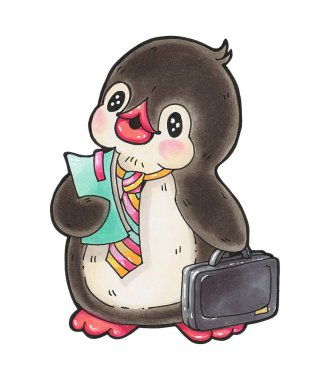 Kış illüstrasyonu. Komik karikatür pengueni Penguen ofis çalışanı. İşaretlerle el çizimi.