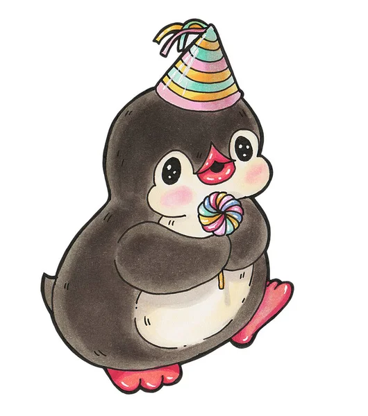 Ilustración Invierno Divertido Pingüino Dibujos Animados Cumpleaños Dibujo Dibujado Mano —  Fotos de Stock