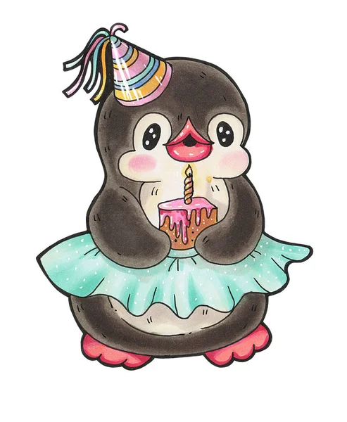Зимняя Иллюстрация Забавный Мультяшный Пингвин День Рождения Ручной Рисунок Маркерами — стоковое фото