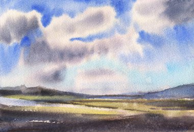 Yaz manzarası. Suluboya. El çizimi illüstrasyon. 