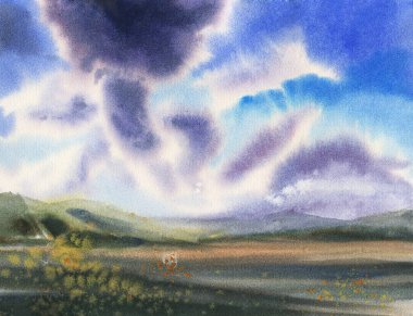 Yaz manzarası. Suluboya çizim. El çizimi illüstrasyon. 