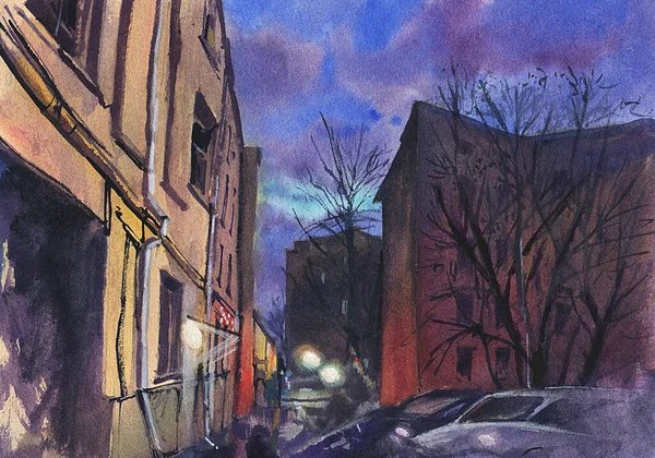 Urban Sketch Night Street City Centre Watercolor Illustration — Stock Photo, Image