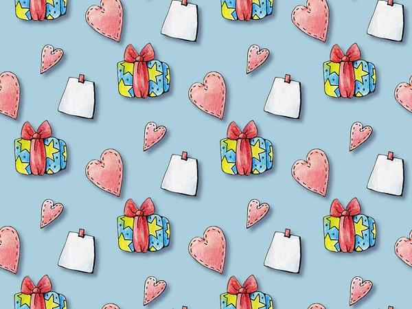 Seamless Pattern Gifts Hearts Watercolor Drawing — Stock Photo, Image