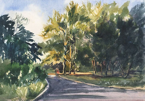 Paisagem Verão Parque Cidade Aquarela Ilustração Desenhada Mão — Fotografia de Stock