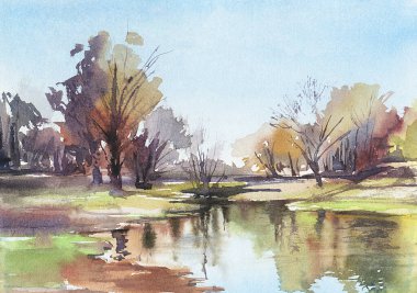 Sonbahar manzarası. Suluboya çizim. El çizimi illüstrasyon. 