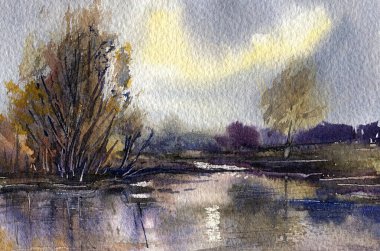 Sonbahar manzarası. Suluboya çizim. El çizimi illüstrasyon. 