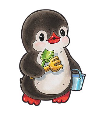 Beyaz arka planda izole edilmiş komik penguenli bir resim. İşaretleyicilerle çizim .