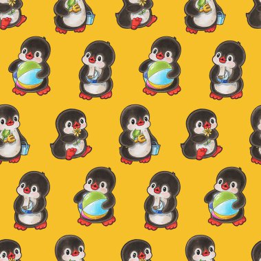 Şirin penguenlerle kusursuz desen. Kalemler ve mürekkeple elle çizilmiş..