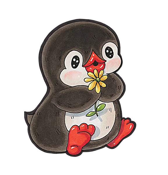 Illustration Funny Cartoon Penguin Isolated White Background Drawing Markers — Stock Photo, Image
