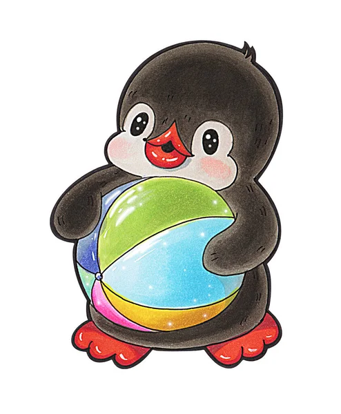 Ilustracja Zabawnym Kreskówkowym Pingwinem Odizolowanym Białym Tle Rysunek Pomocą Markerów — Zdjęcie stockowe