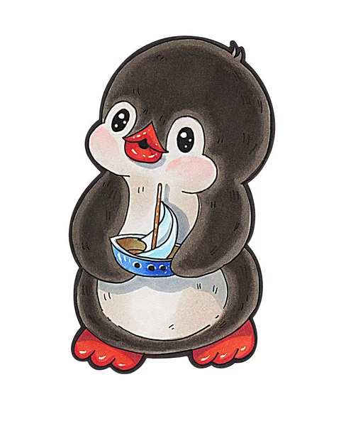 白い背景に隔離された面白い漫画のペンギンとイラスト マーカーで描く — ストック写真