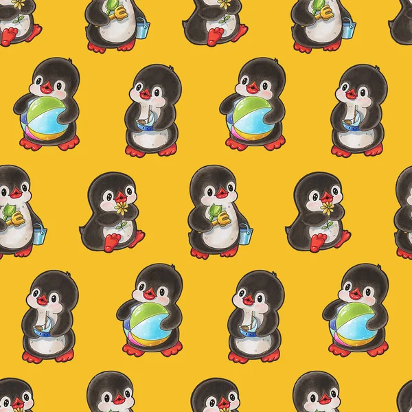 Patrón Sin Costuras Con Pingüinos Lindos Dibujo Dibujado Mano Con —  Fotos de Stock