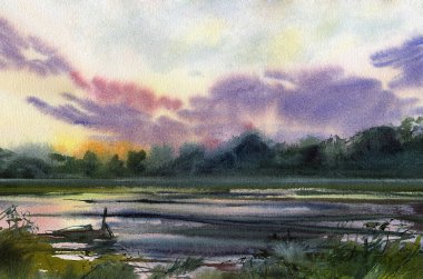 Yaz manzarası. Gün batımı. Suluboya ve mürekkeple çizim. El çizimi illüstrasyon. 