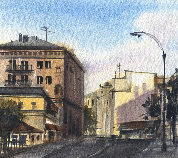 City Landscape Sketch Watercolor Hand Drawn Illustration — Stock Photo, Image