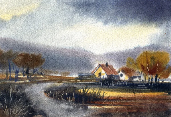 Paysage Automne Dessin Aquarelle Illustration Dessinée Main — Photo