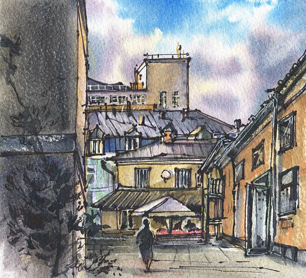 Městská Krajina Kreslit Inkoust Akvarel Ručně Kreslená Ilustrace — Stock fotografie