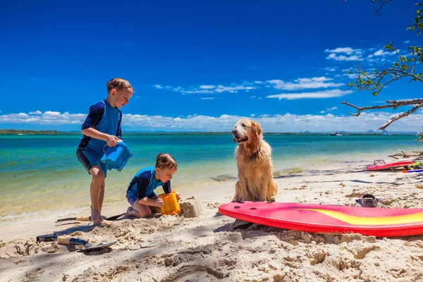Αδέλφια που παίζει με το σκύλο στην παραλία — Φωτογραφία Αρχείου