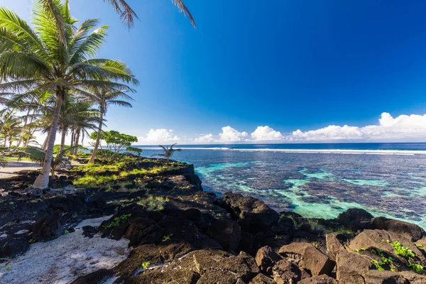 Tropischer Strand Auf Der Südseite Der Insel Samoa Mit Kokospalmen — Stockfoto