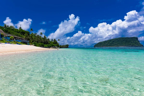 Trópusi Strand Samoa Sziget Déli Oldalán Kókuszpálmafákkal — Stock Fotó