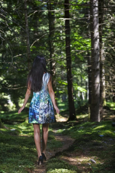 森の中でファッション ブルネットの女性 — ストック写真