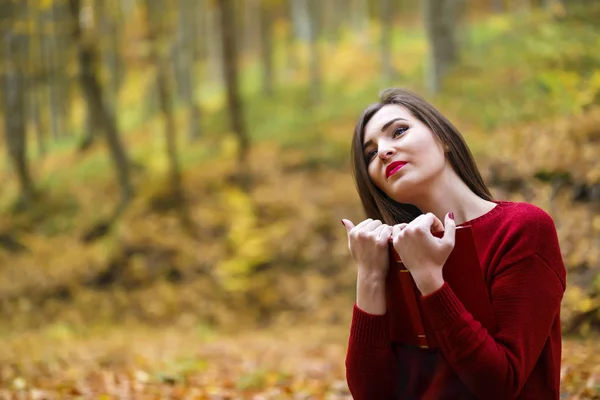 Portret piękne Młoda Dziewczyna Brunetka, czytając książkę w — Zdjęcie stockowe