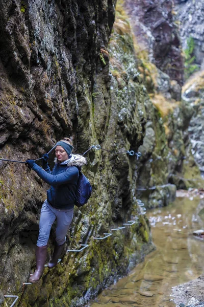 Woman hiker climbing on safety chains through a very narrow gorg — Stock Photo, Image