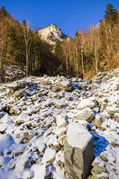 Kayalık dağ manzarası ile kar — Stok fotoğraf