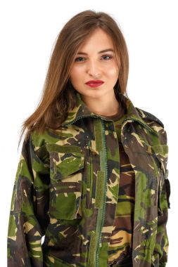 beautiful young woman soldier in military camouflage outfit clipart