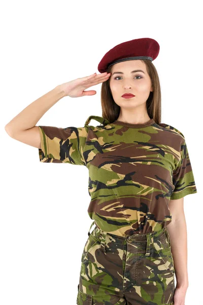 Beautiful young woman soldier in military camouflage outfit — Stock Photo, Image