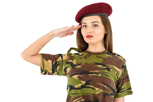 Beautiful young woman soldier in military camouflage outfit — Stock Photo, Image