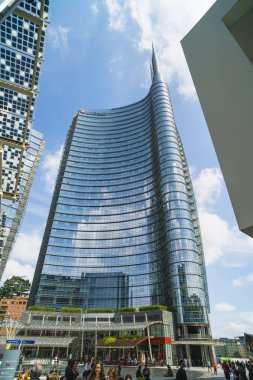 Milan, İtalya-Mayıs 13, 2017: panoramik manzaralı yeni futuristik 
