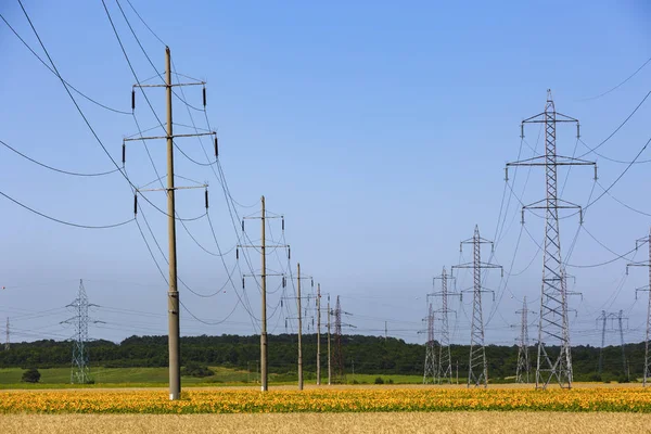 Postes de alta tensión en un campo — Foto de Stock